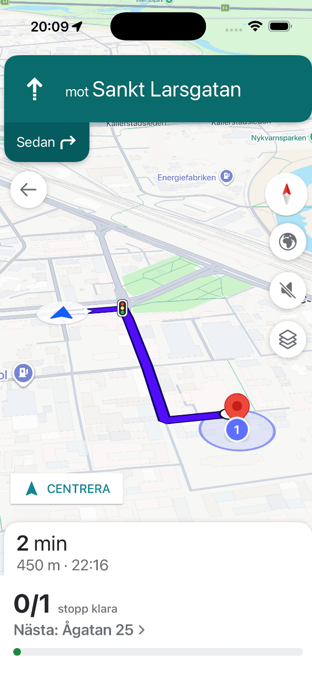 A dispatch in the SnowManager app with the route map, stops and Open navigation