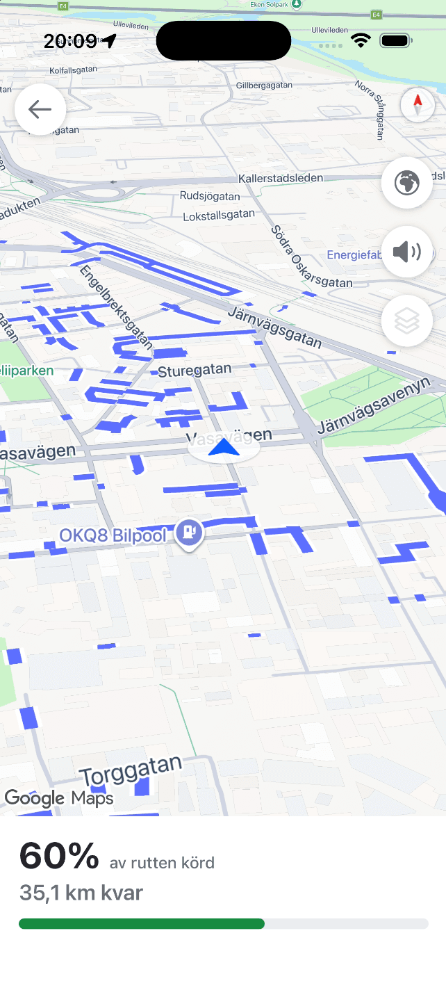 Driving a road route in the SnowManager app: roads left to drive in blue and 60% of the route driven